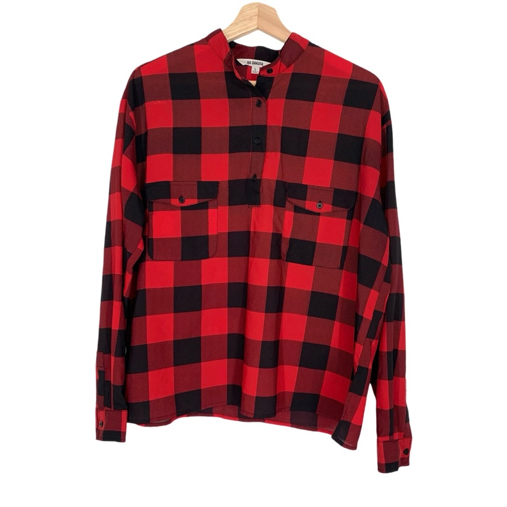 BB Dakota Red & Black Buffalo Plaid Coleman Blouse Long Sleeve Size Large - Picture 2 of 10